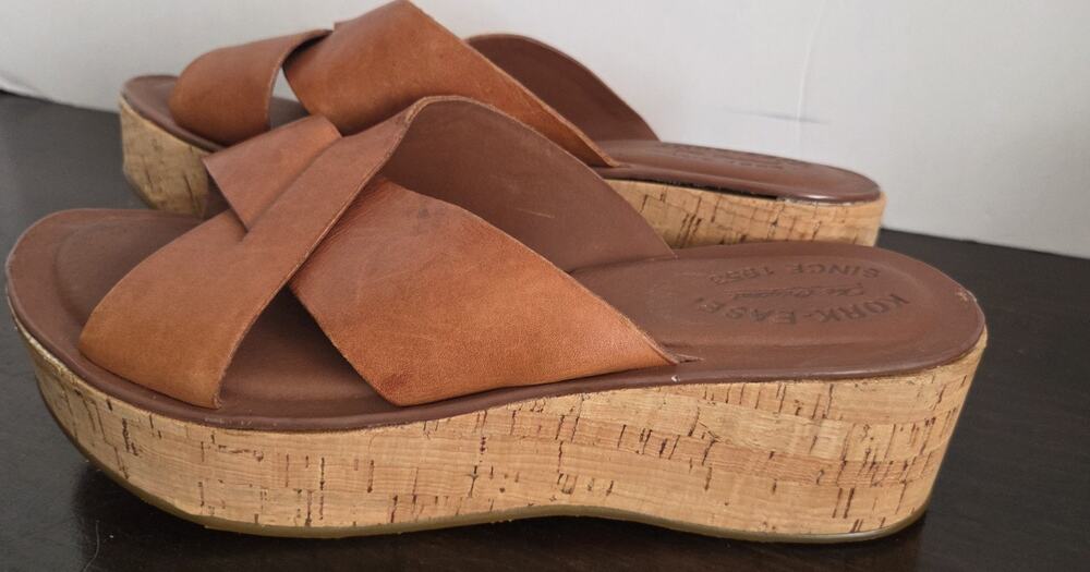 Kork-Ease Gracie Brown Leather Crisscross Platform Wedge Mule Sandals Women's 8M